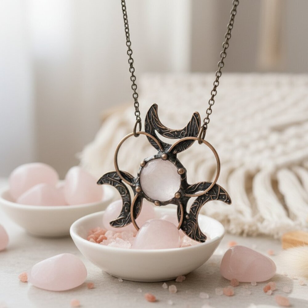 Witchy Copper Bronze Crescent Moon Natural Quartz Crystal Pendant Necklace 20in
